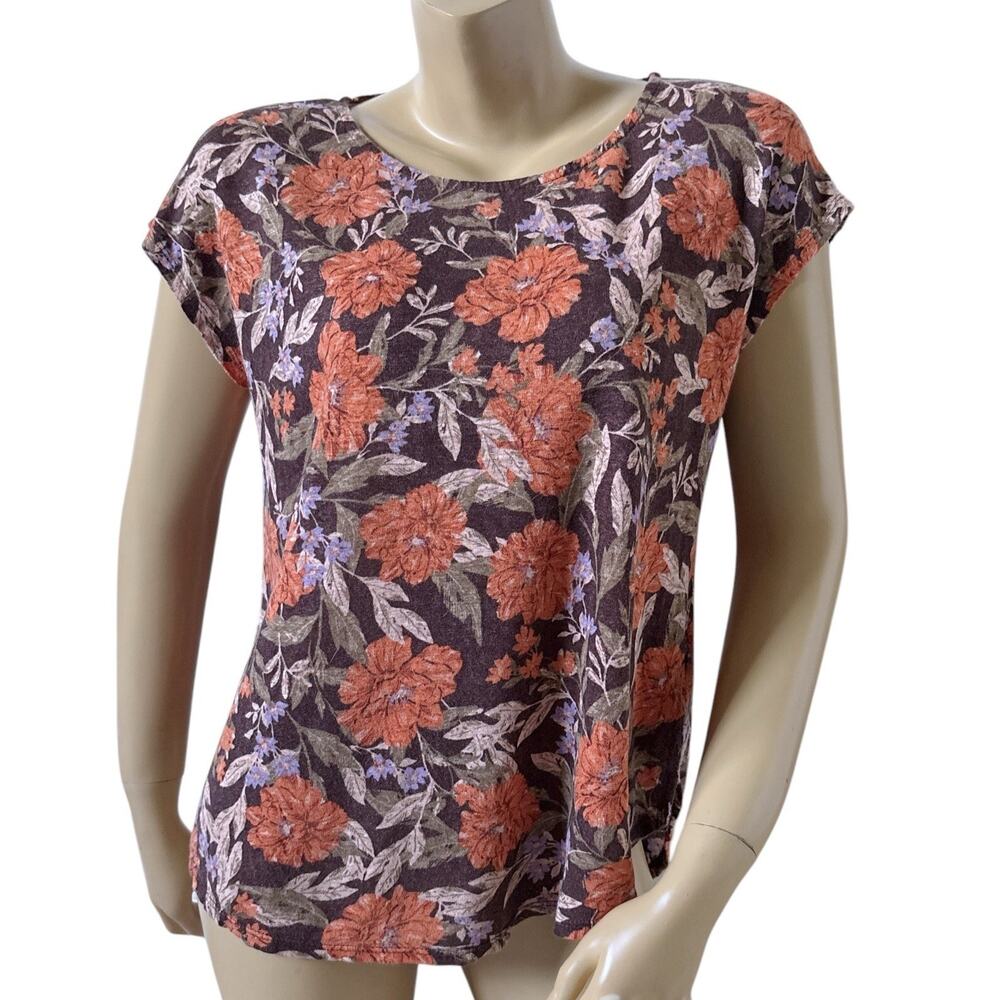 Haute Hippie Linen Top Womens Large Floral Short Sleeve Boho Scoop Neck Shirt